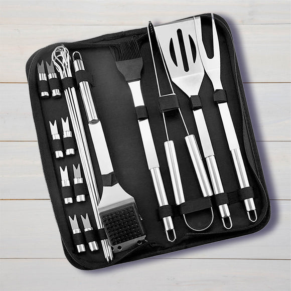 Utensilios de Barbacoa para Acampar y Picnic Accesorios para Carne Asada, Juego de 20 Piezas de Herramientas para Barbacoa, Acero Inoxidable Barbacoa Accesorios con Bolsa, Kit de accesorios para asado al aire libre. (20 Piezas)