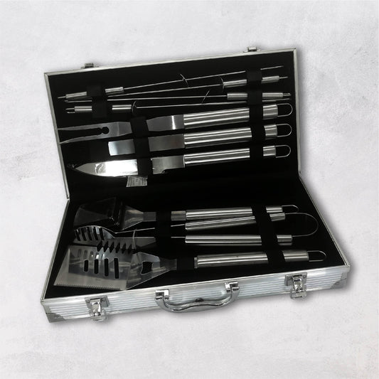 Utensilios de Barbacoa para Acampar y Picnic  Juego de 10 Piezas de Acero Inoxidable con Maletín aluminio,(10 Piezas)