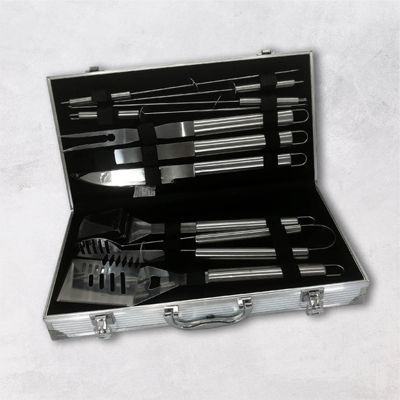 Utensilios de Barbacoa para Acampar y Picnic  Juego de 10 Piezas de Acero Inoxidable con Maletín aluminio,(10 Piezas)