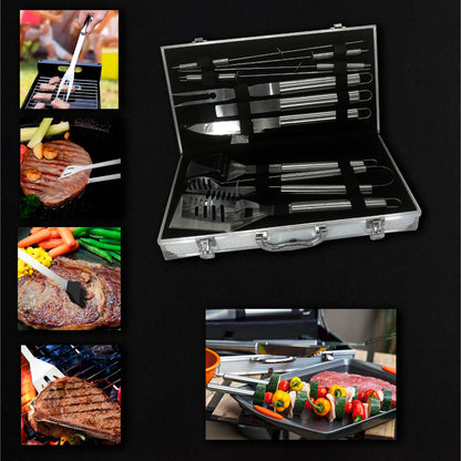 Utensilios de Barbacoa para Acampar y Picnic  Juego de 10 Piezas de Acero Inoxidable con Maletín aluminio,(10 Piezas)