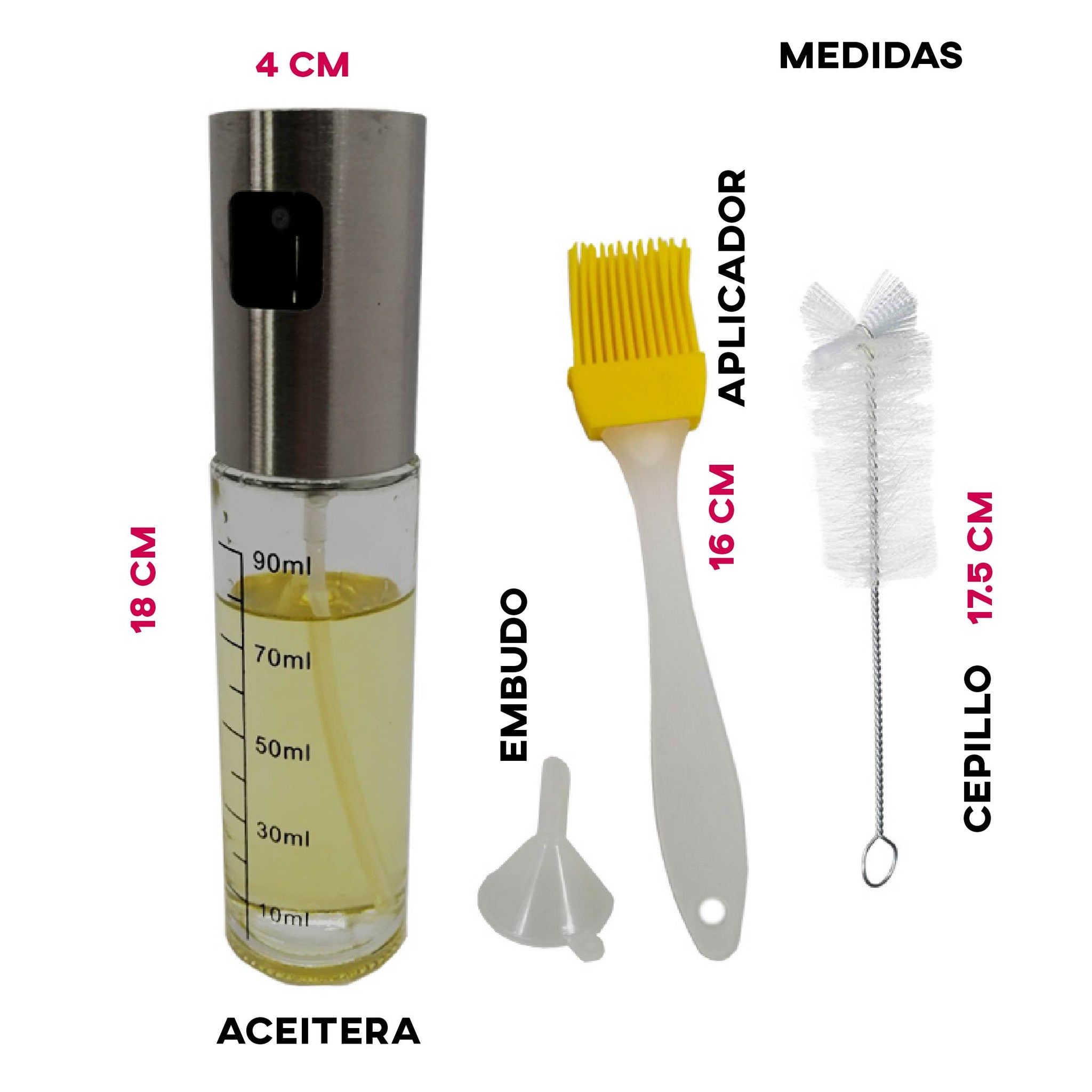 OWYELO Spray Aceite, Kit de Pulverizador Aceite de Vidrio, Aceitera Spray  para freidora de aire, 230 ml para cocina, Vinagre Spray, para Barbacoa,  con Cepillos/Boquillas Reemplazables/Trapo de Cocina : : Hogar y