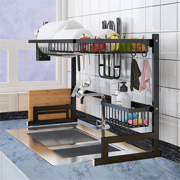 RD Royal Cook Escurridor de Platos de 85 cm de Largo sobre Fregadero, escurridor de Platos Acero Inoxidable Escurridor de trastes Ahorra Espacio 10 Accesorios (Negro)