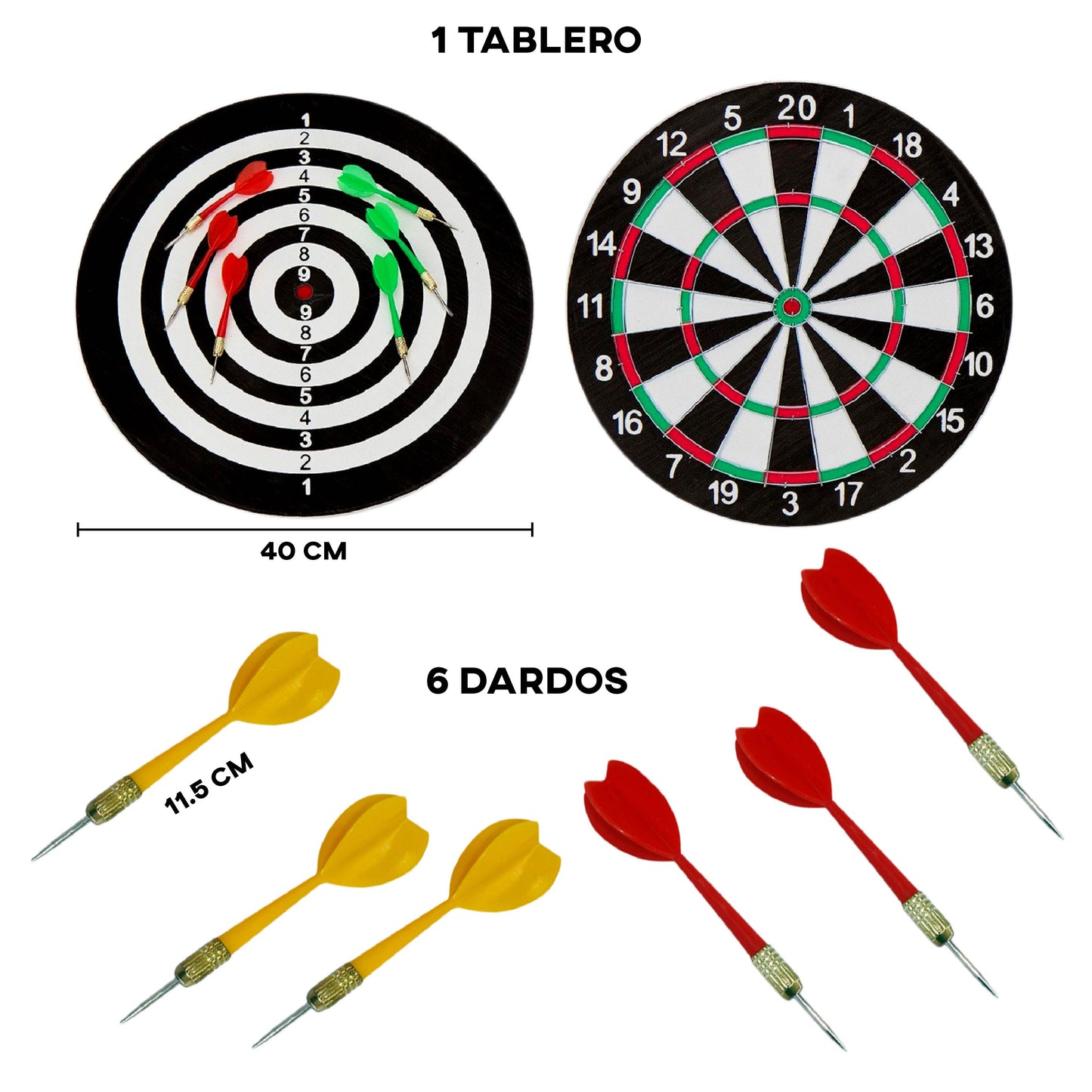 Juego de Dardos, 2 Dianas en 1, 40 cm de Diámetro, 6 Dardos Punta de Acero 2 Colores Distintos. Jugar con Amigos y Familia, Fácil Instalación en Casa y Oficina