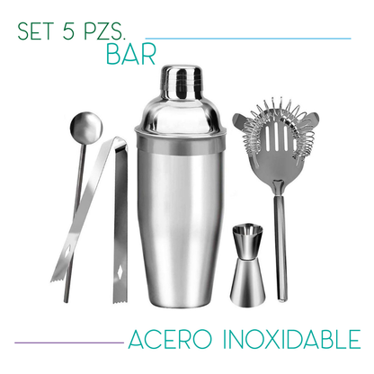 JUEGO DE BAR, SET DE 5 PIEZAS PARA BAR, MIXOLOGÍA, COCTELERAS ACERO INOXIDABLE
