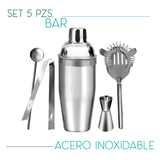 JUEGO DE BAR, SET DE 5 PIEZAS PARA BAR, MIXOLOGÍA, COCTELERAS ACERO INOXIDABLE