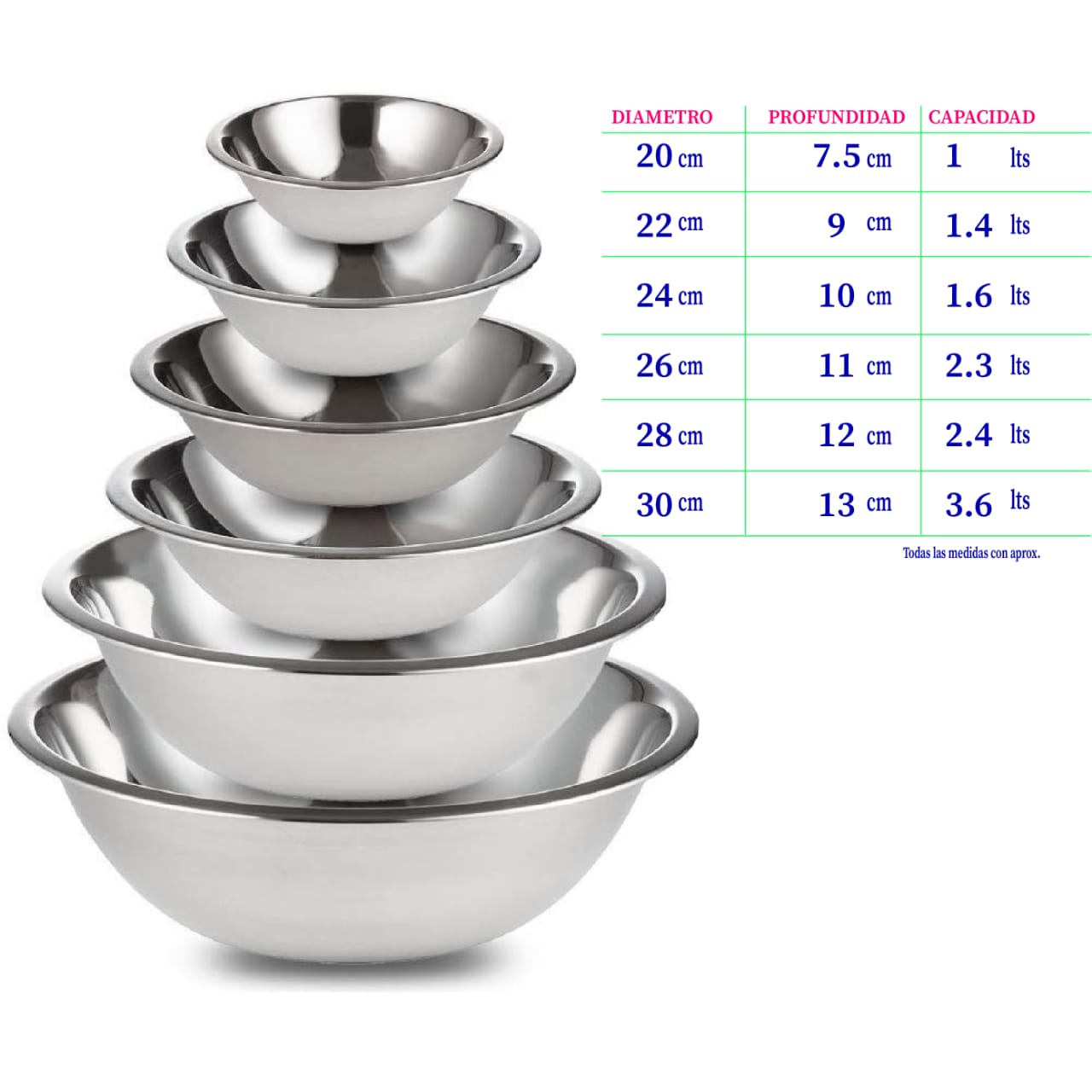 Juego de 6 piezas de bowls de acero inoxidable